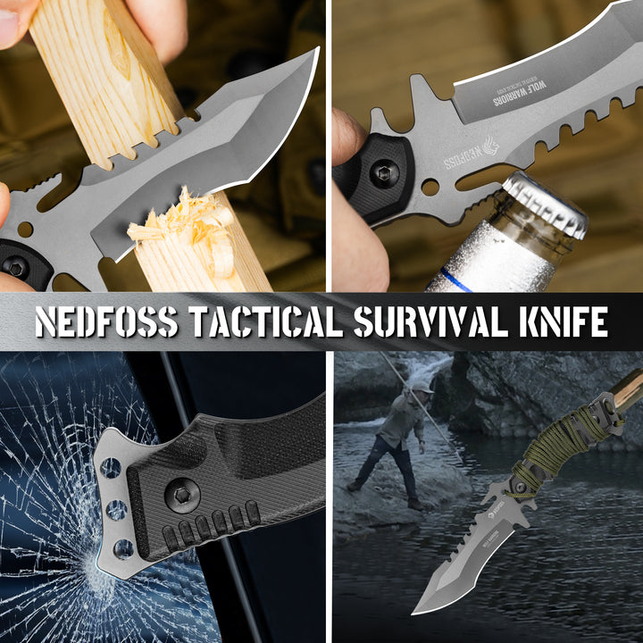 NedFoss Wolf Tactical Survival Knife with 4" Full Tang Fixed Blade and G10 Handle