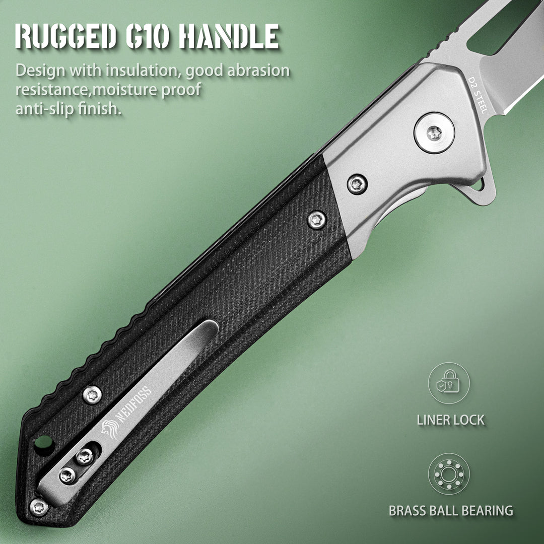 NedFoss Taschenmesser, 3,5 Zoll EDC-Messer mit D2-Klinge und G10-Griff, gefederter Flipper zum Öffnen, tiefer Tragetaschenclip (ELF PRINCE)