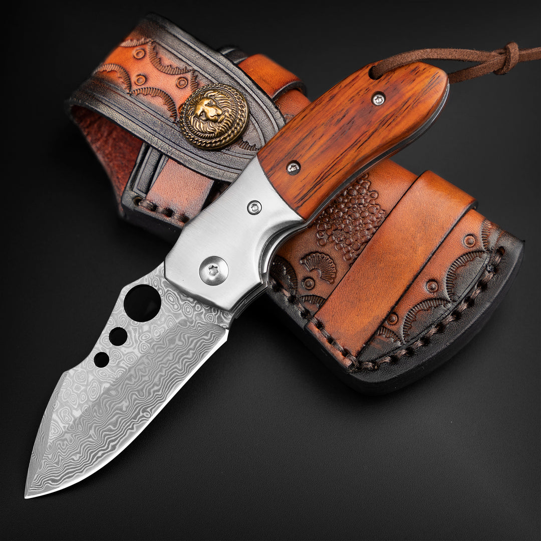 Parrot  Damascus Pocket Knife with Sandalwood Handle, Comes With Leather Sheath