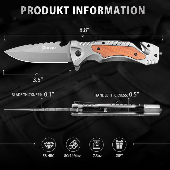 NedFoss DA169 Tactical Pocket Knife, 3.5" Folding Knife with Seat Belt Cutter, Glass Breaker, Emergency Rescue Tools