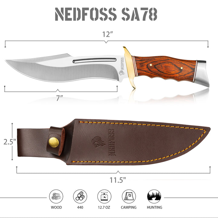 NedFoss SA78 Fixed Blade Bowie Knife with Leather Sheath, 7'' 440 Blade Hunting Knife Survival Knives with Wood Handle