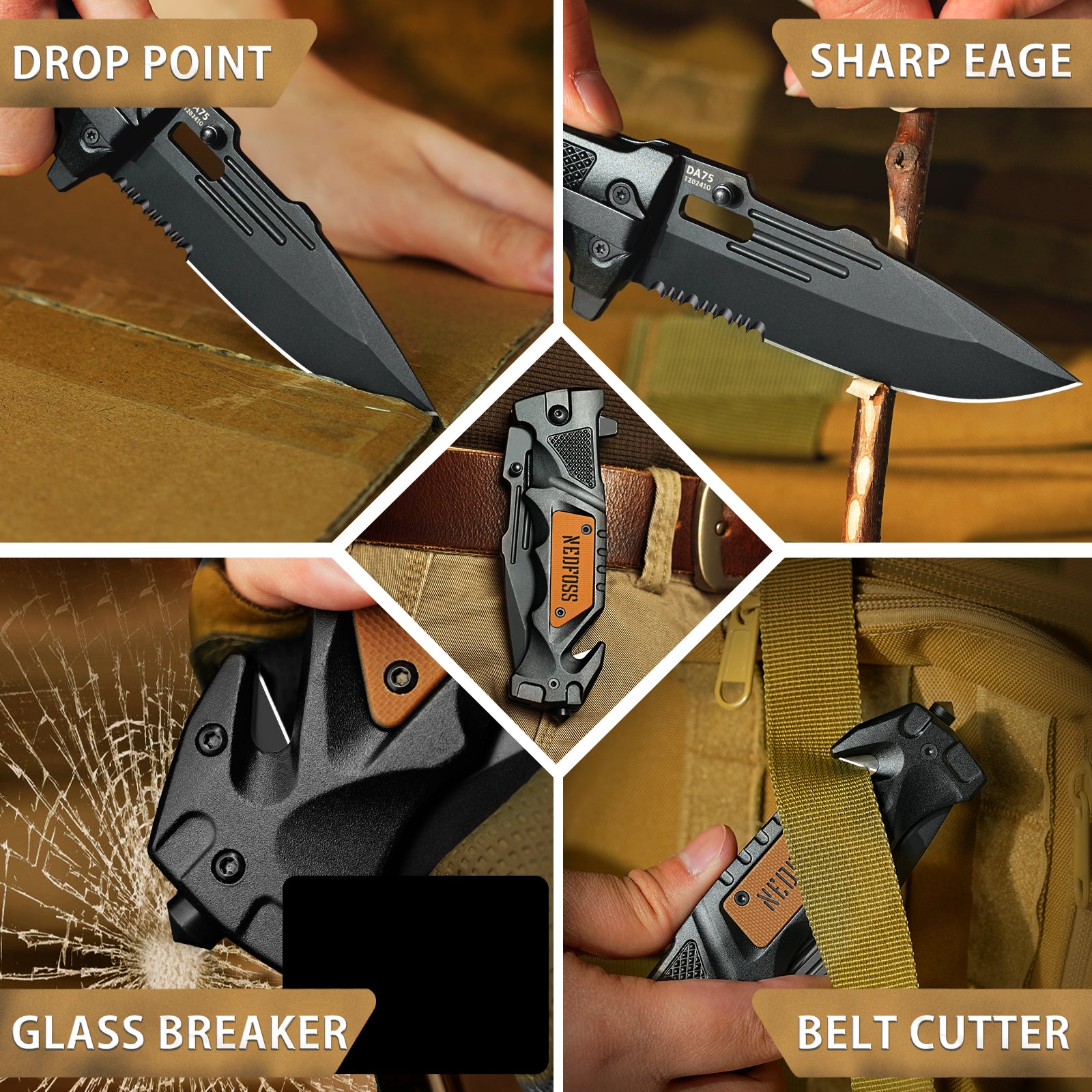 DA75 Tactical Pocket Knife,3 in 1 Folding Knife with Seat Belt