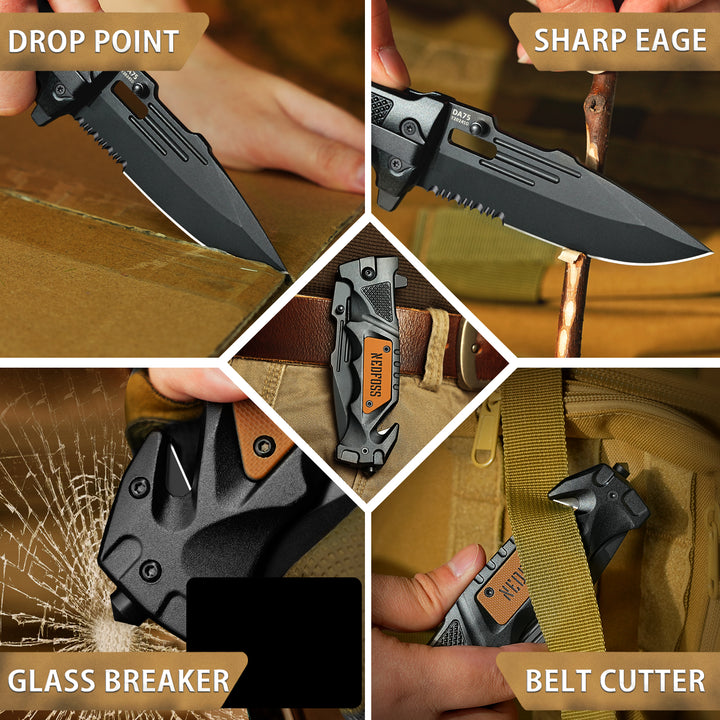 NedFoss DA75 Tactical Pocket Knife , 3 in 1 Folding Knife with Seat Belt Cutter, Glass Breaker