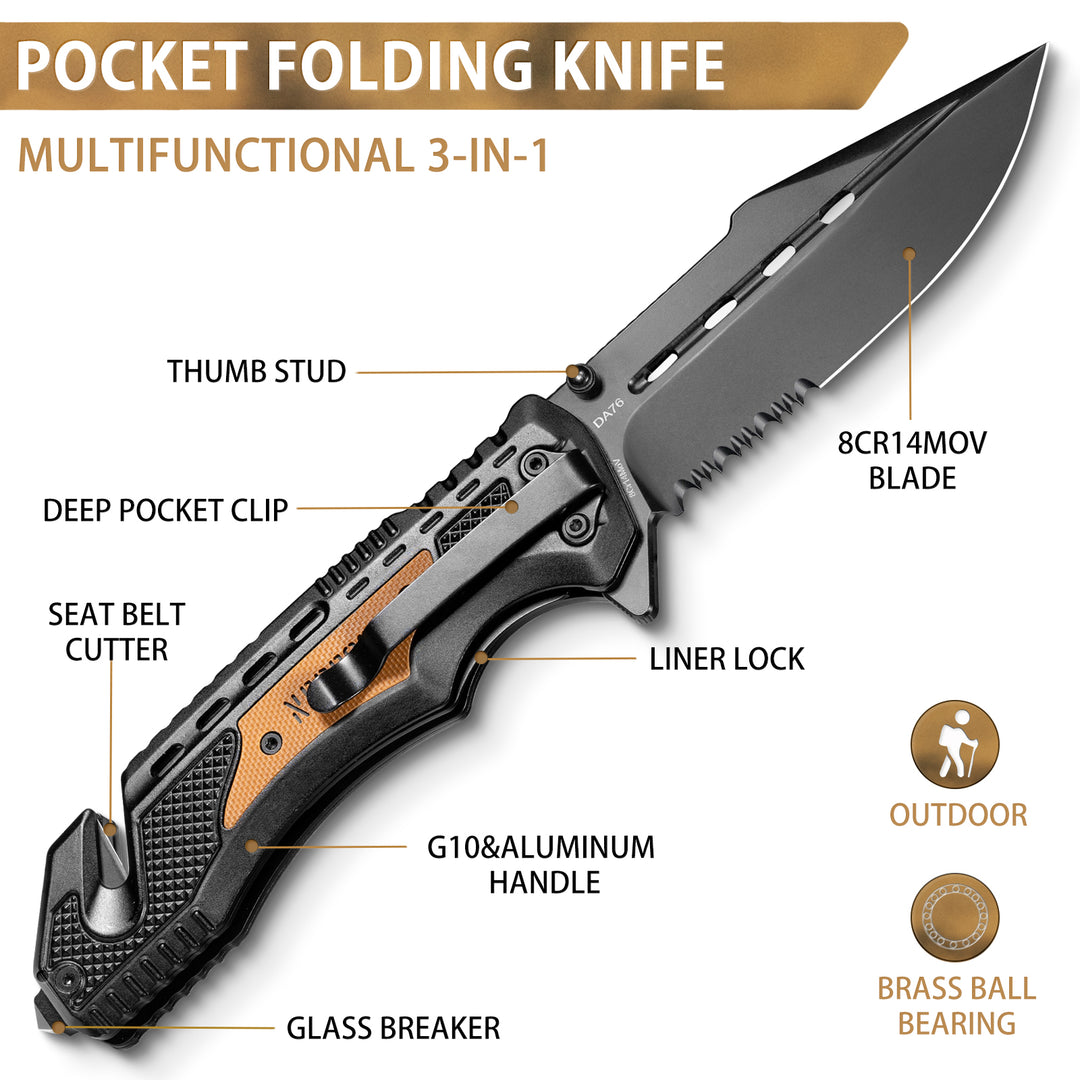 NedFoss DA76 3.7" 8Cr14MoV Blade 3-in-1 Pocket Knife with Liner-Lock, Seat Belt Cutter, and Glass Breaker