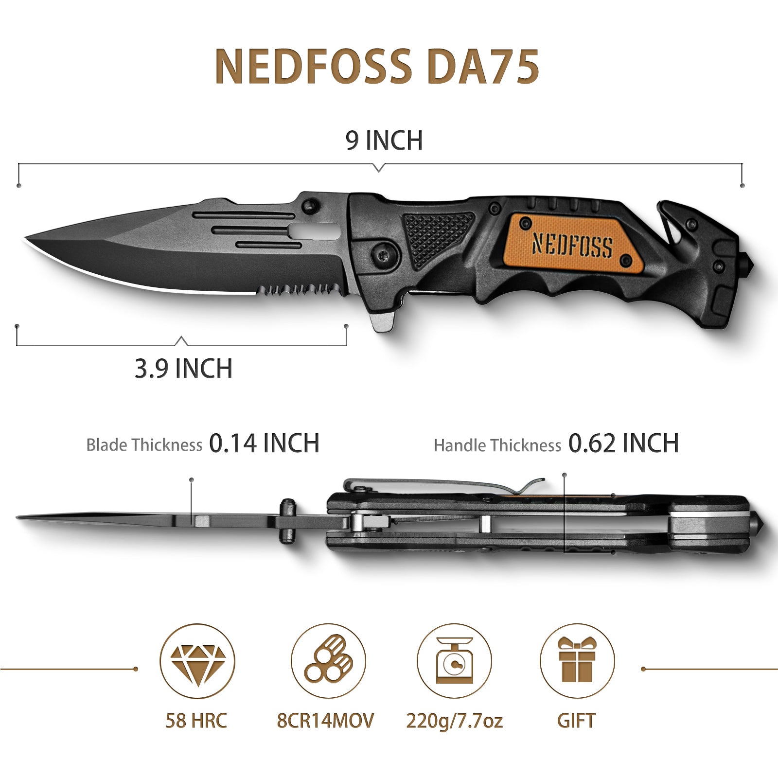 DA75 Tactical Pocket Knife,3 in 1 Folding Knife with Seat Belt