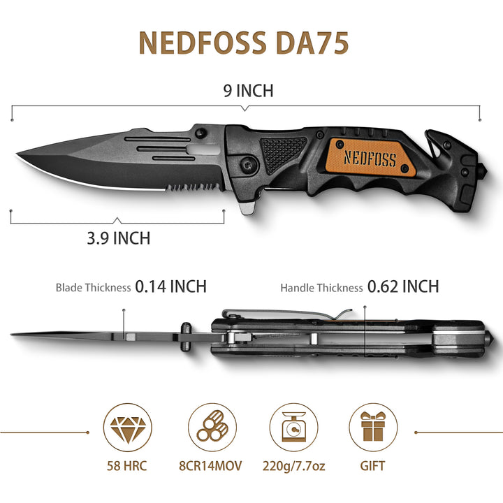 NedFoss DA75 Tactical Pocket Knife , 3 in 1 Folding Knife with Seat Belt Cutter, Glass Breaker