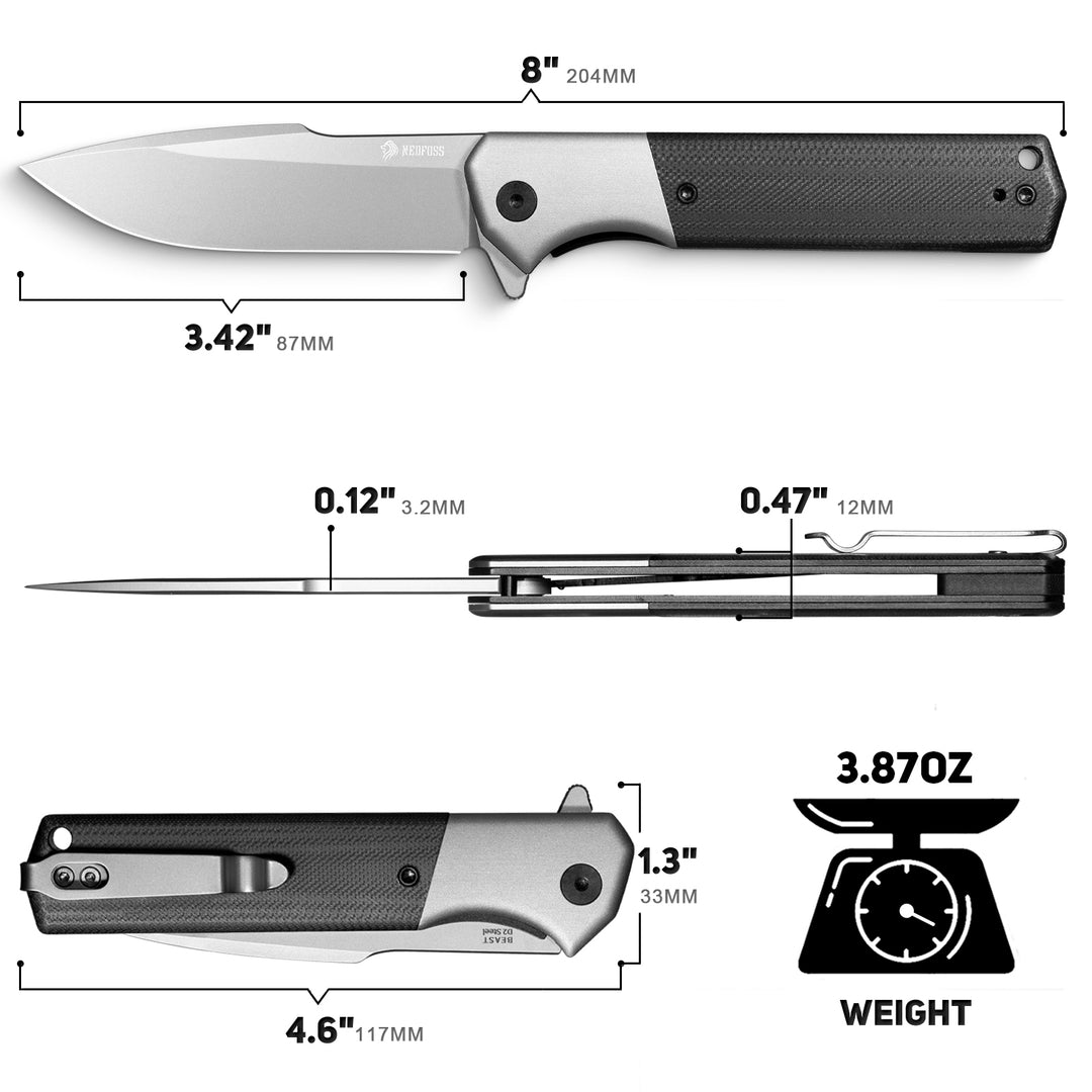 NedFoss BEAST 3.42" Black D2 Steel Folding Pocket Knife  with Blue Totem G10 Handle