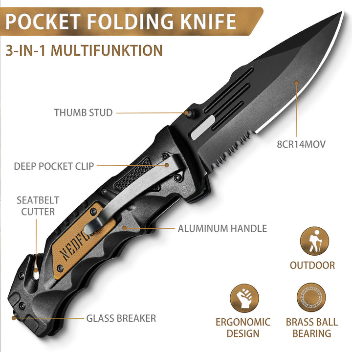 NedFoss DA75 Tactical Pocket Knife , 3 in 1 Folding Knife with Seat Belt Cutter, Glass Breaker