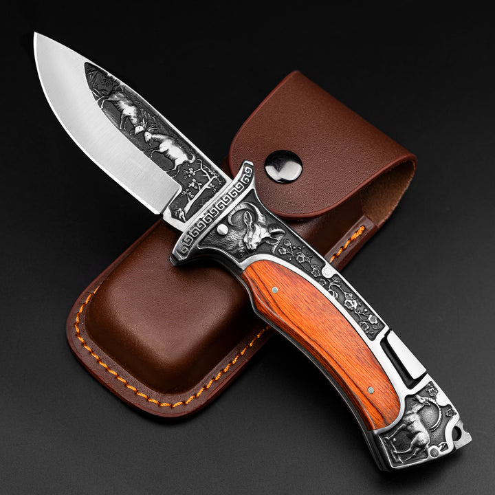 NEDFOSS Rams Folding Pocket Knife with 3.3" Engraved Blade and Wood Handle