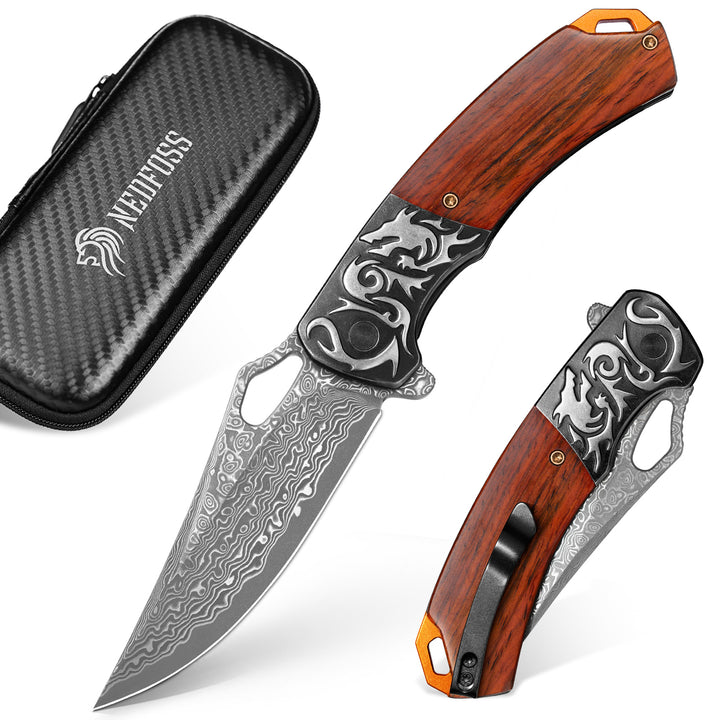 NedFoss PTEROSAUR Damascus Pocket Knife for Men, Handmade Forged VG10 Damascus Folding Knife with Sandalwood, Pocket Clip