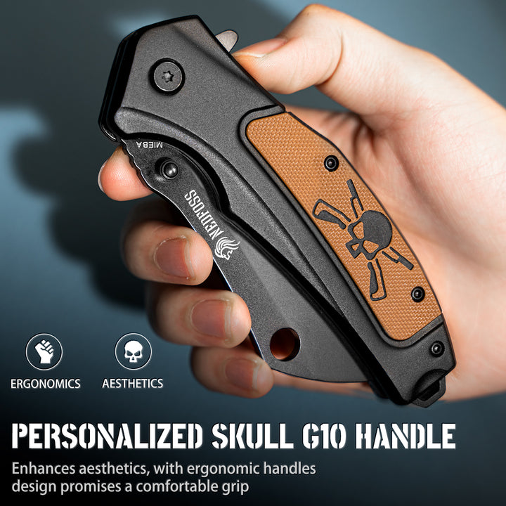 Mieba Pocket Knife, D2 Steel Blade Folding Cleaver Pocket Knives with Clip, Unique Skull G10 Handle, Black Tactical Camping EDC Knife