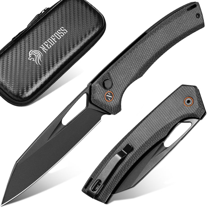 NedFoss BLACK MAMBA Pro EDC Folding Pocket Knife, 3.5" Razor Sharp 14C28N Reverse Tanto Blade, Upgraded Button Lock, Micarta Handle & Deep Carry Clip, Tactical Camping Knife Gift for Men & Women