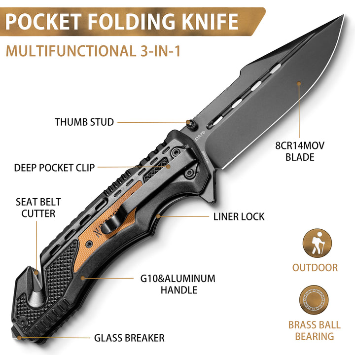 NedFoss DA76 3.7" 8Cr14MoV Blade 3-in-1 Pocket Knife with Liner-Lock, Seat Belt Cutter, and Glass Breaker