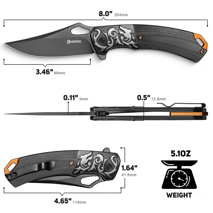 NedFoss PTEROSAUR 3.5" 14C28N Steel Folding Knife, Unique Dragon Embossing Bolster with G10 Handle