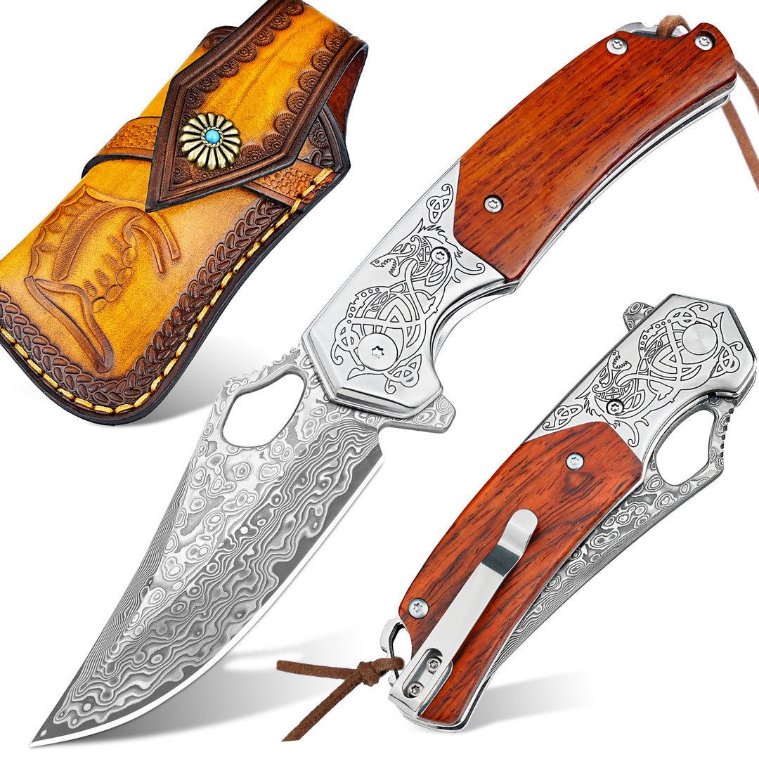 Pterosaur Damascus Pocket Knife, VG10 Damascus Steel Blade and Sandalwood Handle, Comes with Leather Sheath