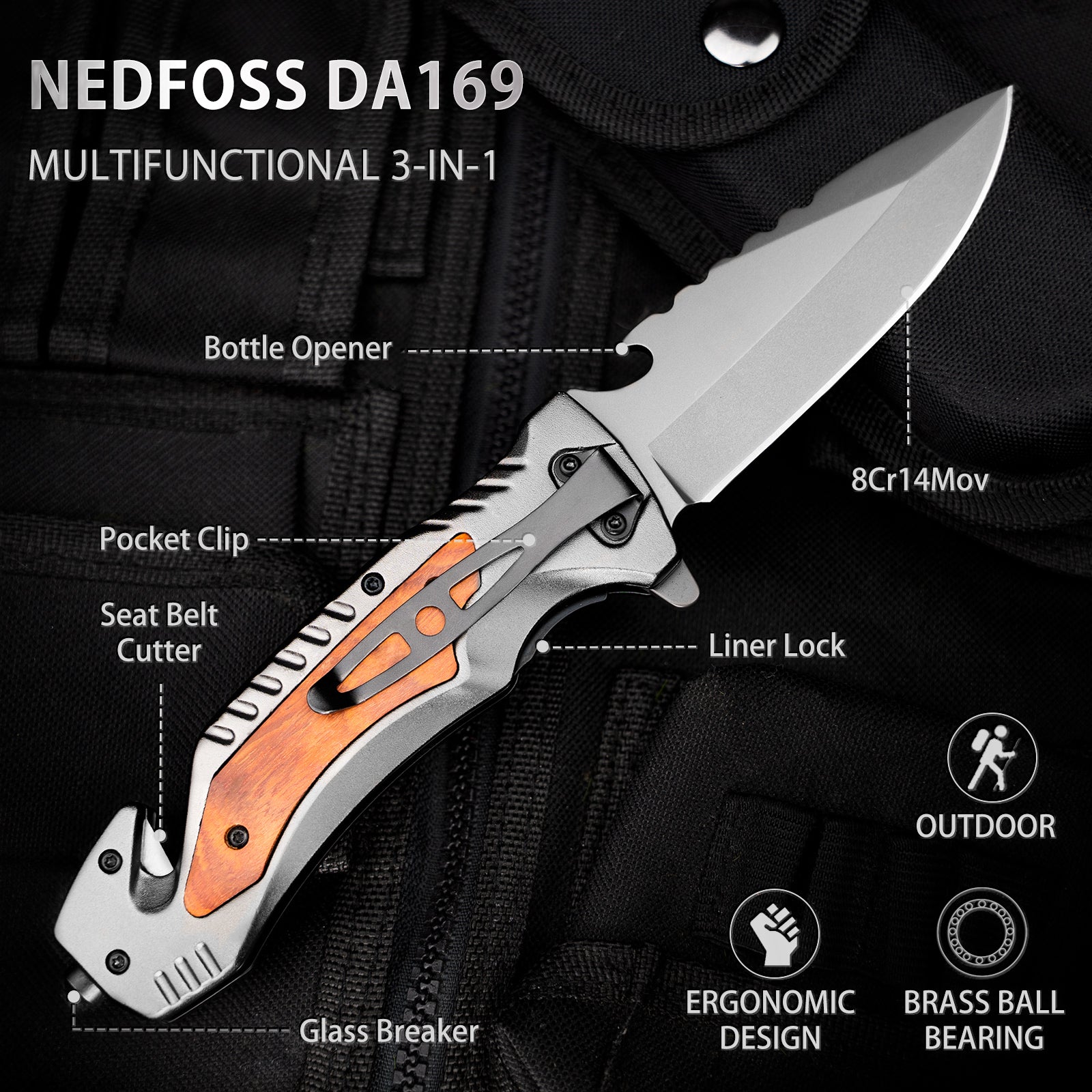  NedFoss Pocket Folding Knife DA75, 3 in 1 Pocket Knife for Men,  Survival Knife with Liner-Lock Belt Clip, Seat Belt Cutter, Glass Breaker,  Hunting knife for Camping Hiking : Tools 