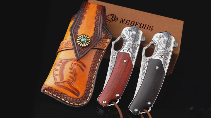 Nedfoss Pterosaur Damascus Pocket Knife, 3.5"VG10 Damascus Steel Blade and Sandalwood Handle, Comes with Leather Sheath