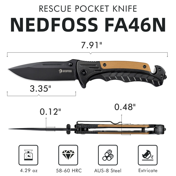 NedFoss FA46N EDC Pocket Knife – 3.35″ AUS-8 Steel 3-in-1 Tactical Rescue Folding Knife, Glass Breaker & Seatbelt Cutter, Ultralight Aluminum Handle, Reinforced Deep-Carry Clip for Camping & Utility