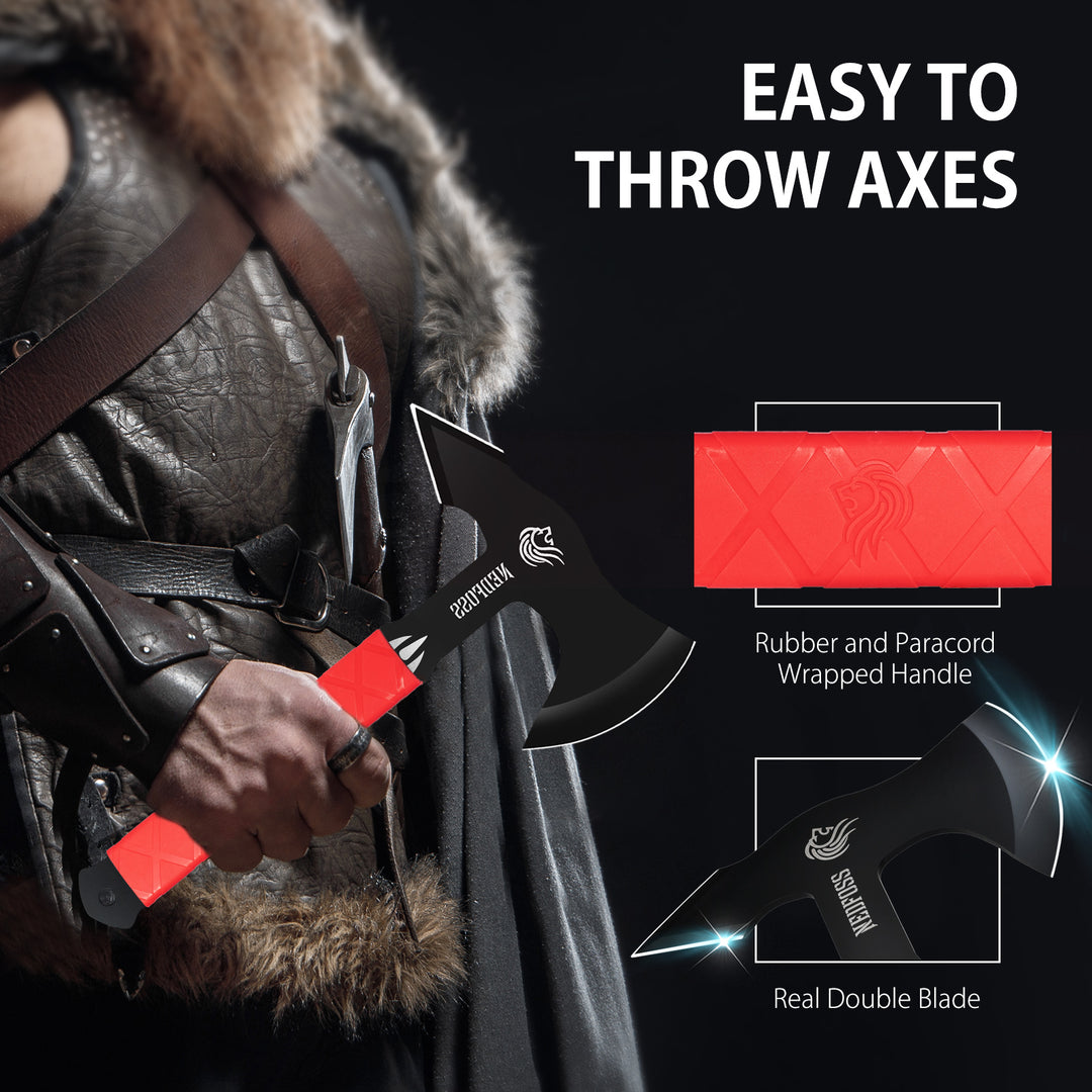 NedFoss Throwing Knives, Throwing Axes Pack of 6, 11.7" Full Tang Axe Throwing Set with TRB Rubber, Throwing Game of Fixed Blade Knife with Nylon Sheath for Recreation