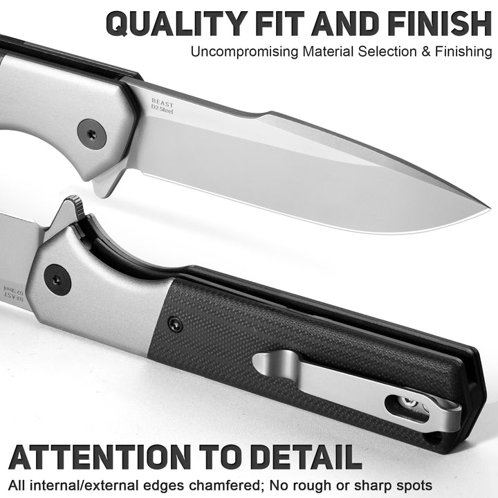 NedFoss BEAST 3.42" Black D2 Steel Folding Pocket Knife  with Blue Totem G10 Handle