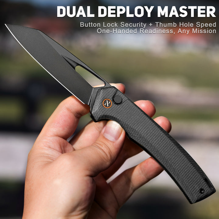 NedFoss BLACK MAMBA Pro EDC Folding Pocket Knife, 3.5" Razor Sharp 14C28N Reverse Tanto Blade, Upgraded Button Lock, Micarta Handle & Deep Carry Clip, Tactical Camping Knife Gift for Men & Women