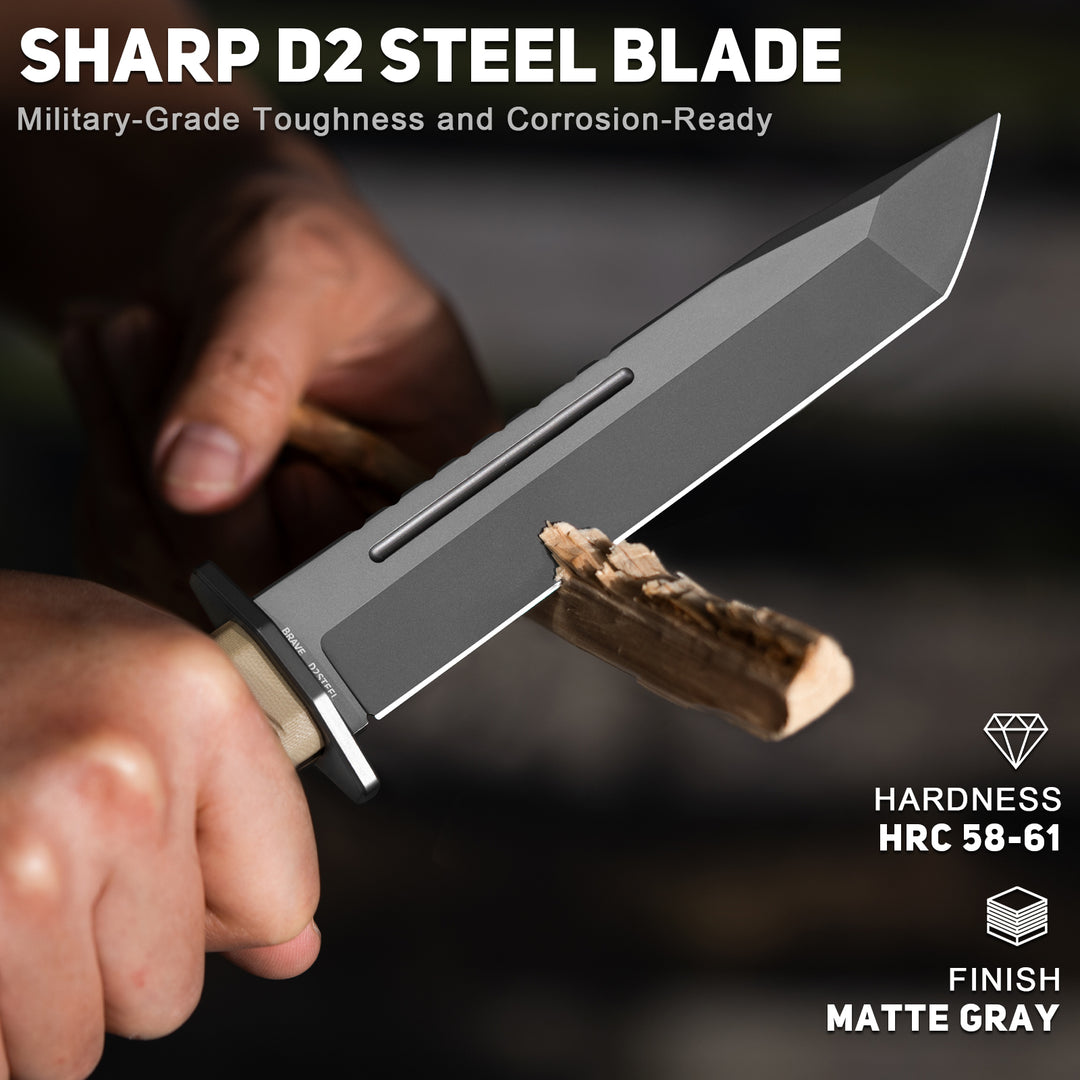 NedFoss BRAVE Fixed Balde Tactical Knife, 6.8" D2 Steel Blade Full Tang Hunting Knife with Kydex Sheath, Desert G10 Handle, Perfect Camping, Survival, Outdoor knife, Hunting Gifts for Men Women