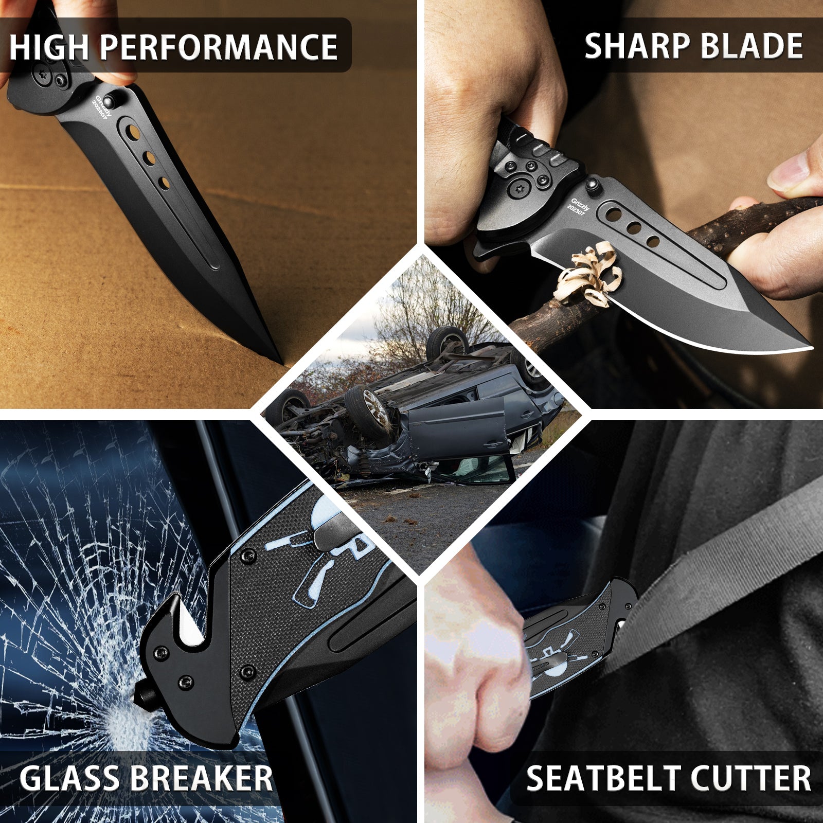 Grizzly Tactical Pocket Knife with Glass Breaker and Grizzly Tactical Pocket Knife with Glass Breaker and