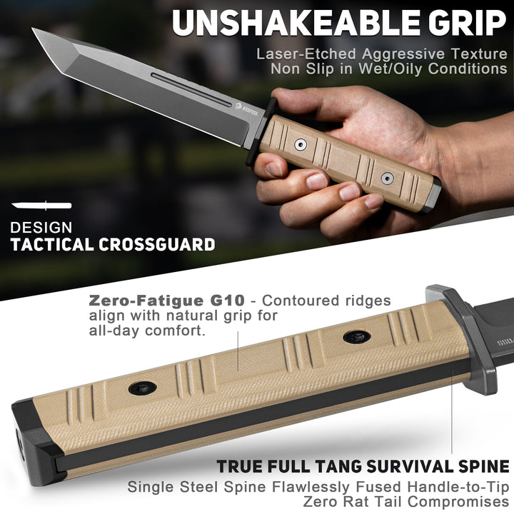 NedFoss BRAVE Fixed Balde Tactical Knife, 6.8" D2 Steel Blade Full Tang Hunting Knife with Kydex Sheath, Desert G10 Handle, Perfect Camping, Survival, Outdoor knife, Hunting Gifts for Men Women