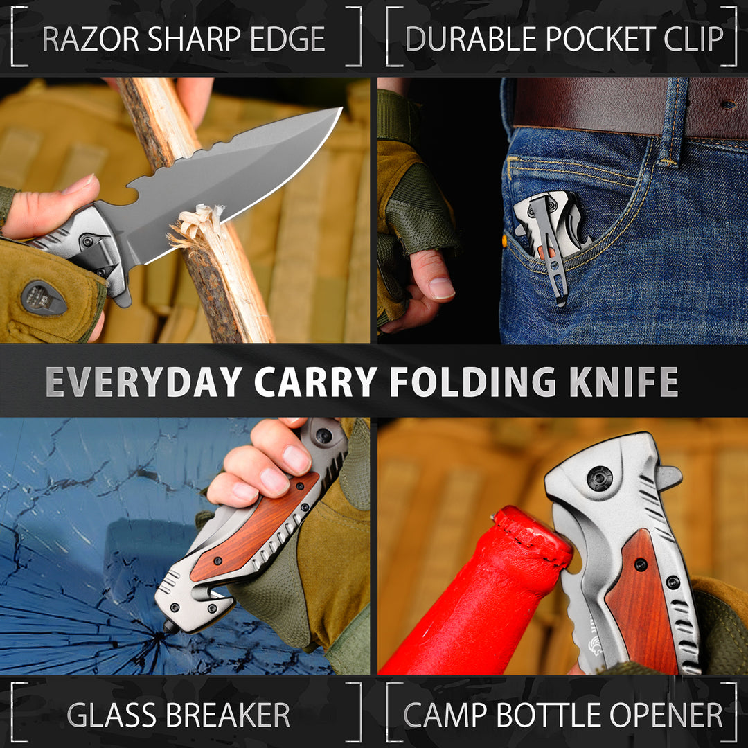 NedFoss DA169 Tactical Pocket Knife, 3.5" Folding Knife with Seat Belt Cutter, Glass Breaker, Emergency Rescue Tools