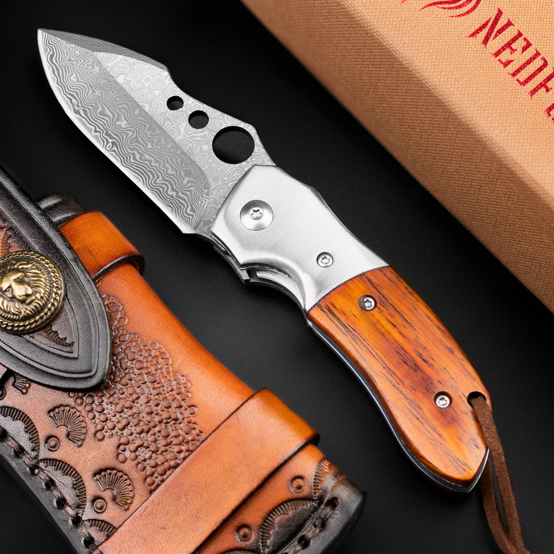 Parrot  Damascus Pocket Knife with Sandalwood Handle, Comes With Leather Sheath