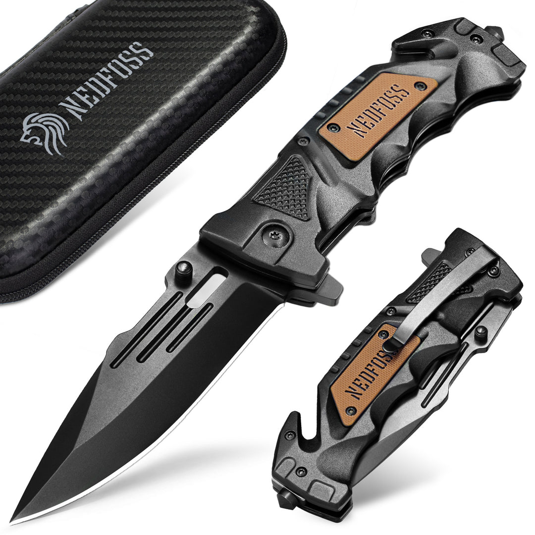 NedFoss DA75 Tactical Pocket Knife 3.8”, 3 in 1 Multifunctional Folding Knife with Seat Belt Cutter, Glass Breaker, Emergency Rescue Tools