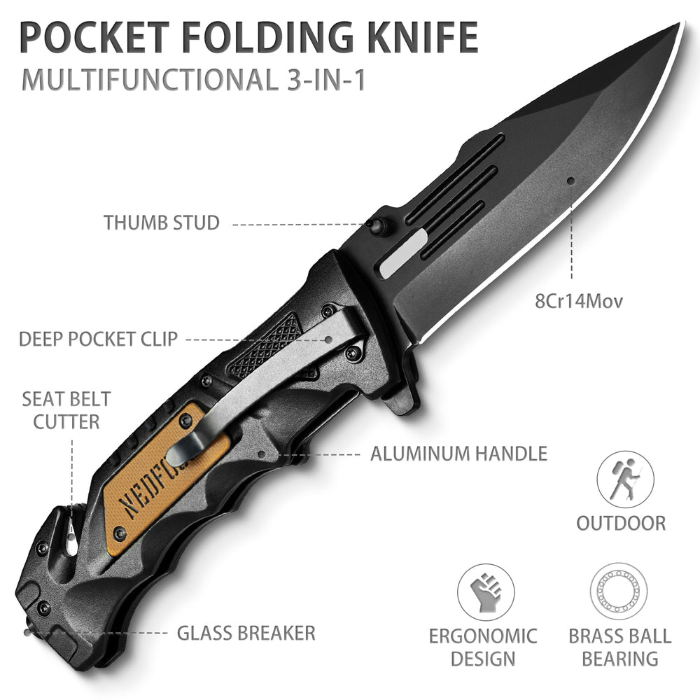 NedFoss DA75 Tactical Pocket Knife , 3 in 1 Folding Knife with Seat Belt Cutter, Glass Breaker, Emergency Rescue Tools