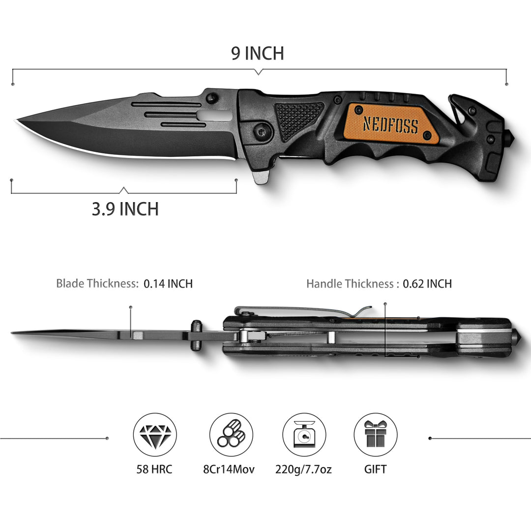 NedFoss DA75 Tactical Pocket Knife 3.8”, 3 in 1 Multifunctional Folding Knife with Seat Belt Cutter, Glass Breaker, Emergency Rescue Tools