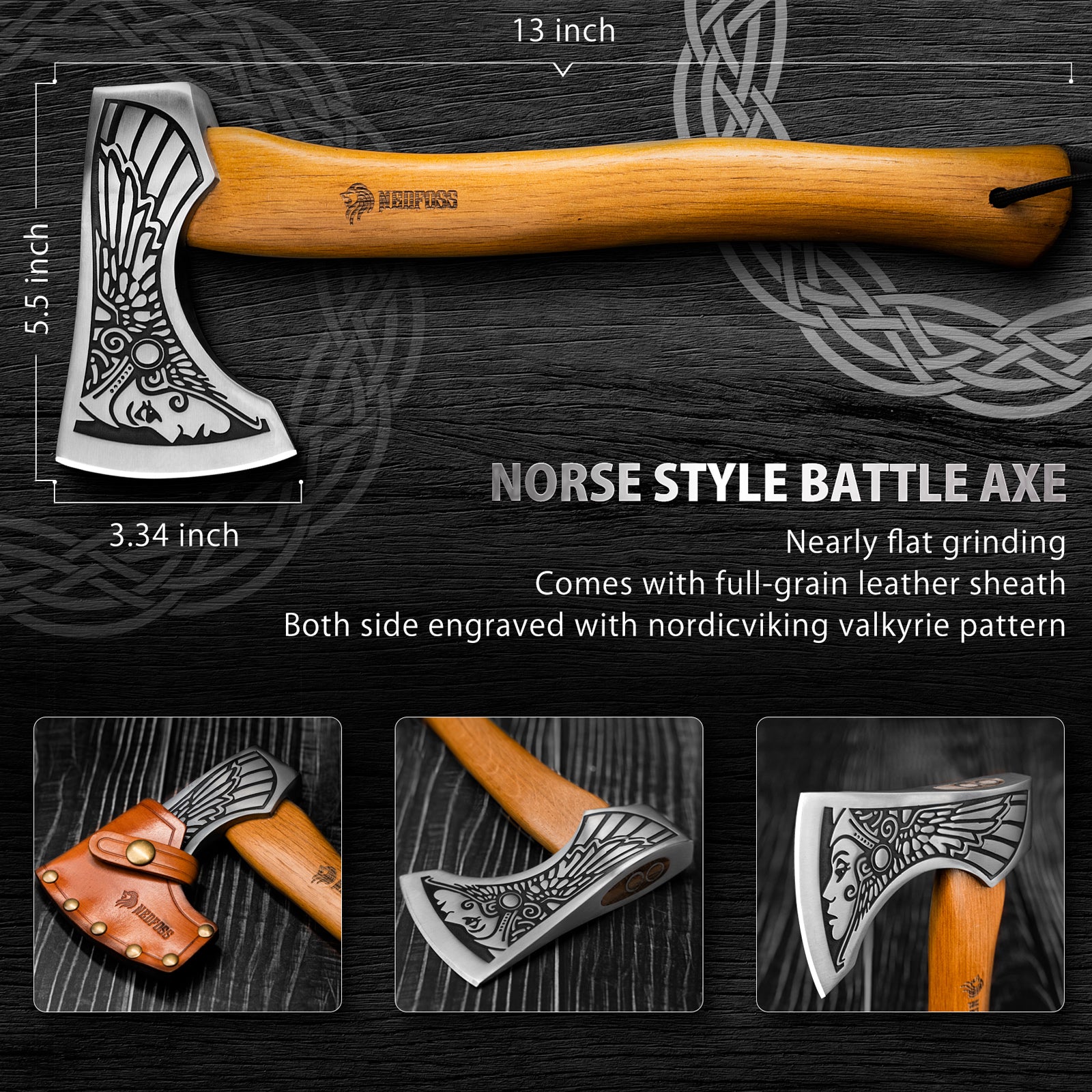 Nedfoss Valkyrie Viking Axe, Bearded Axe, with Leather Sheath and