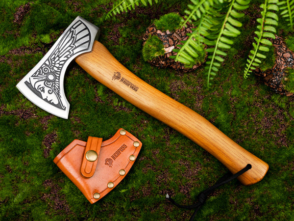 NedFoss 13" Wikinger-Axt, Bartaxt Klinge aus 1055 Stahl, Wikinger-Walküre-Axt mit Lederscheide, Buchenholzgriff für Berserker-Soldaten, Krieger, Wikinger-Beil, Wikinger-Axt-Geschenk für Männer