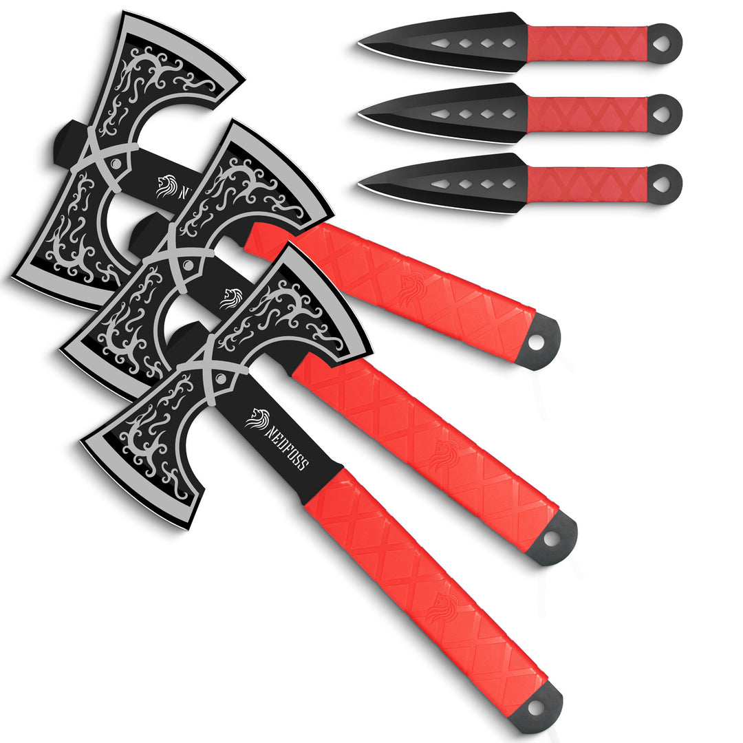 NedFoss Dragon 11.4" Throwing Axes and 9.8" Throwing Knives Pack of 6, Durable TPR Rubber Handle