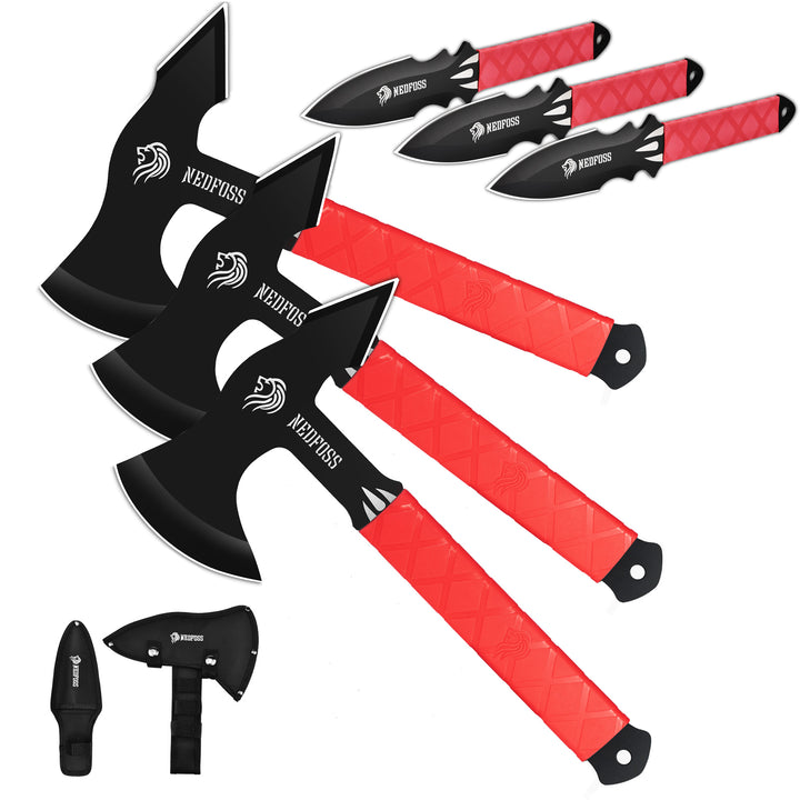 NedFoss Bear Throwing Axes and Knives Set,  Pack of 6, 10.6" Full Tang Throwing Axe with TPR Rubber, 9.8” Throwing Knife
