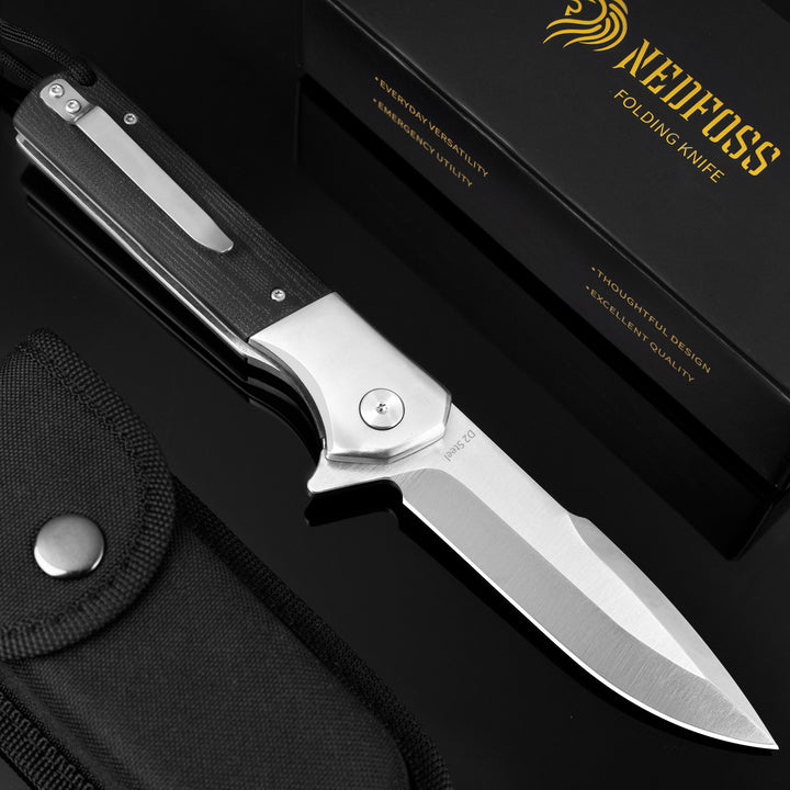 NedFoss Beast Pocket Knife with 4'' D2 Steel Blade and G10 Handle, Large EDC Folding Knife with Liner Lock