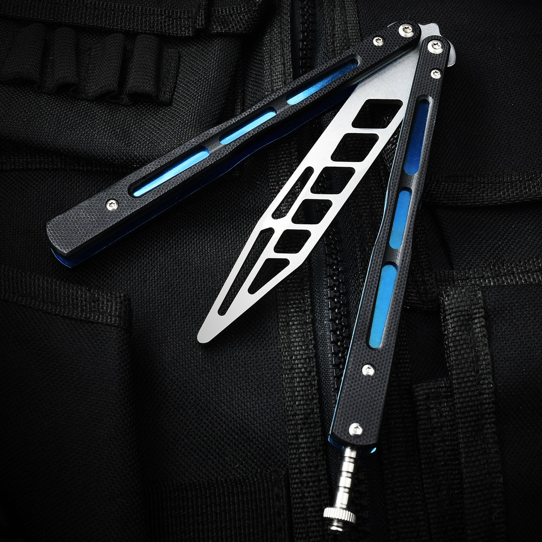 NedFoss Butterfly Knife Trainer with G10 Handle, Practice Balisong Runs on Bearings, Blue