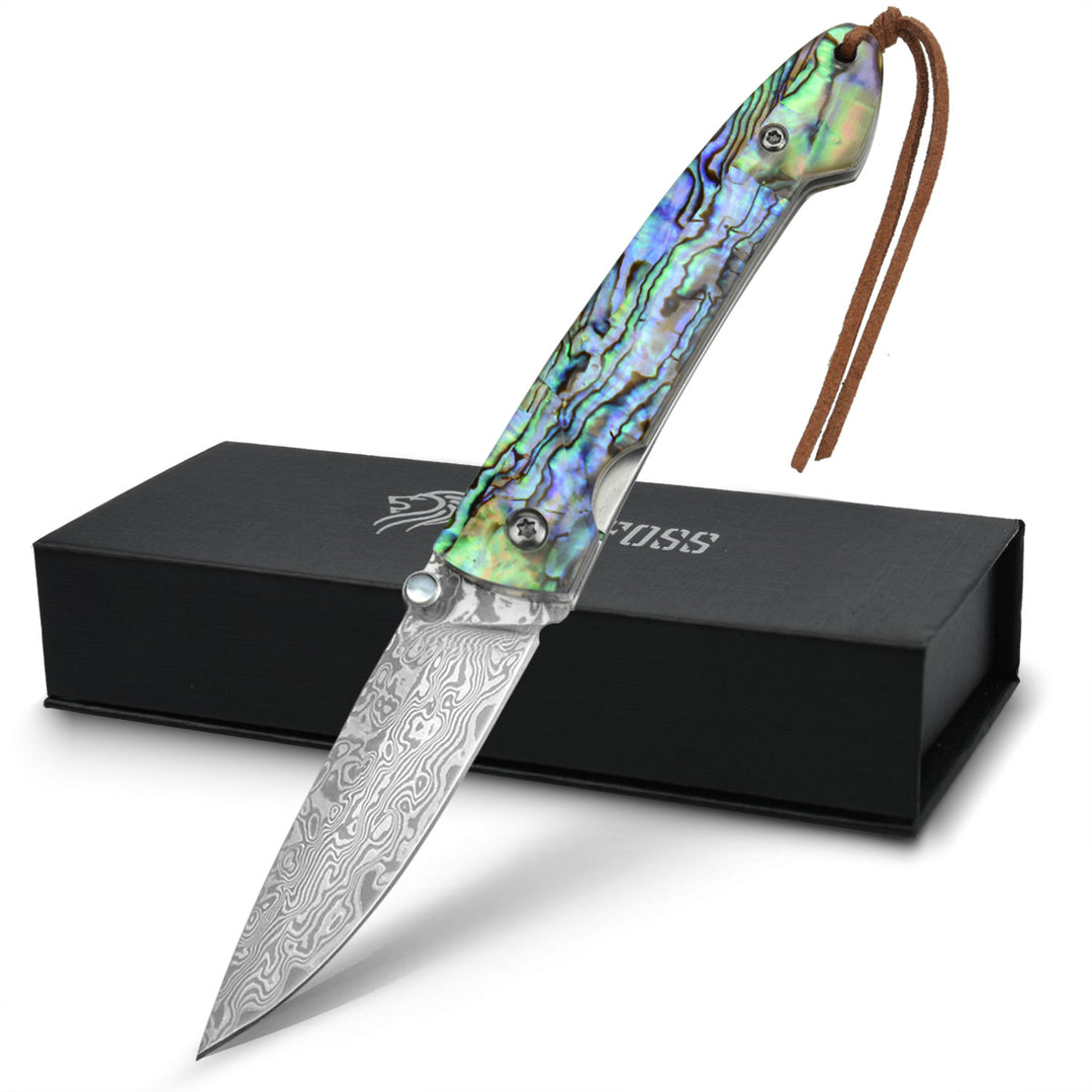 Nedfoss Polar-Bear Damascus Pocket Knife with Abalone Shell Handle