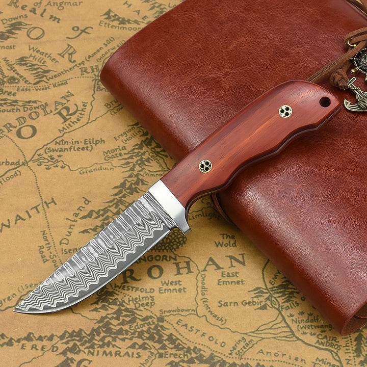 NedFoss Hunter Damascus Fixed Blade Knife, 3.4’‘ VG10 Damascus Steel Blade and Sandalwood Handle, Comes with Retro Leather Sheath