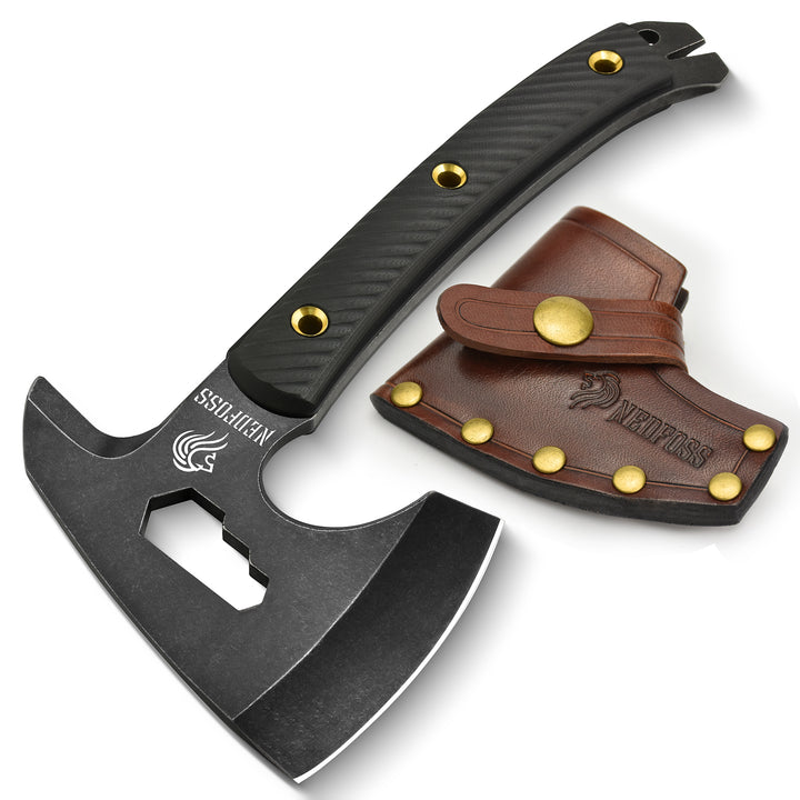 NedFoss Bison 9.8" Survival Axe, Tactical Axe, Multifunctional Pack Hatchet with Leather Sheath, G10 Handle