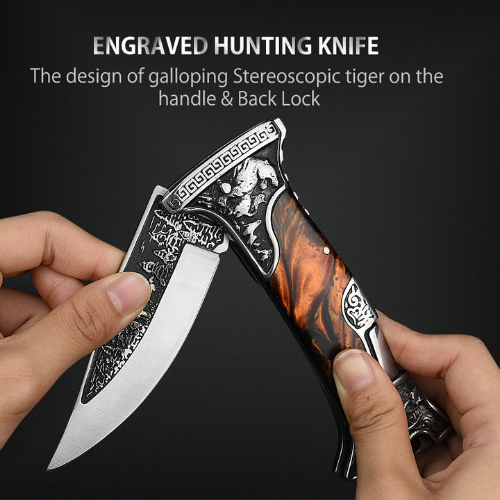 Tiger-roar Pocket Knife with Engraved Blade, Back Lock