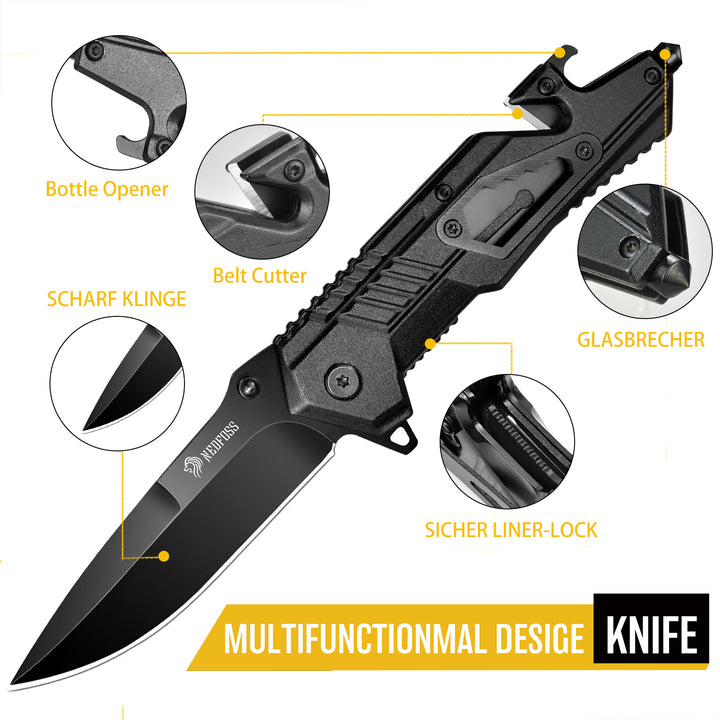 NedFoss AK10 Tactical Pocket Folding Knife, 7 in 1 Spring-assisted EDC Knife with Liner-Lock, Belt Clip, Seat Belt Cutter, Glass Breaker