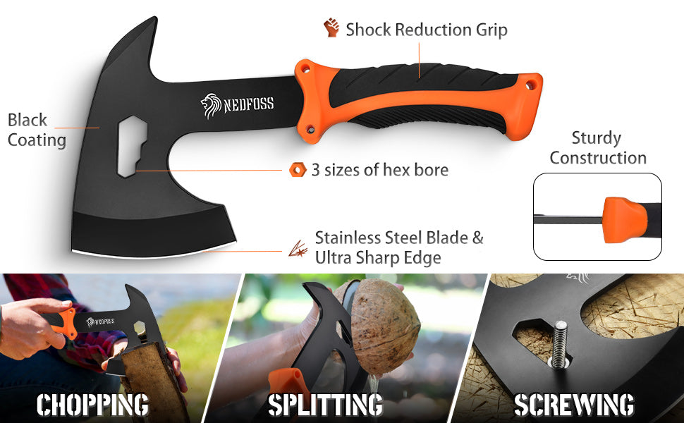 NedFoss 15" Machete Knife and 10" Outdoor Hatchet Axe with Shock Reduction Handle and Full Tang Bowie Knife with sheath, Camping Survival Tools Pack of 3