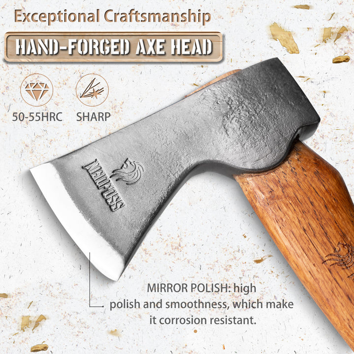 NedFoss RF38 15" Outdoor Hatchet, Forged Carbon Steel and Head Beech Wood Handle,  Comes With Retro Leather Sheath