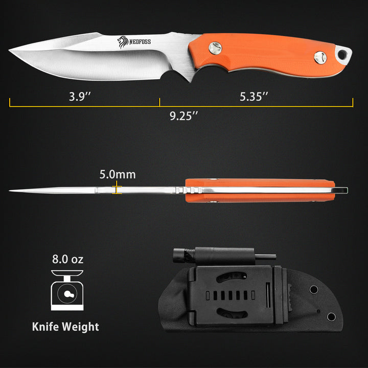 Free-Wolf Fixed Blade Survival Knife with 5Cr13Mov Blade and G10 Handle, Comes With Fire Starter and Kydex Sheath