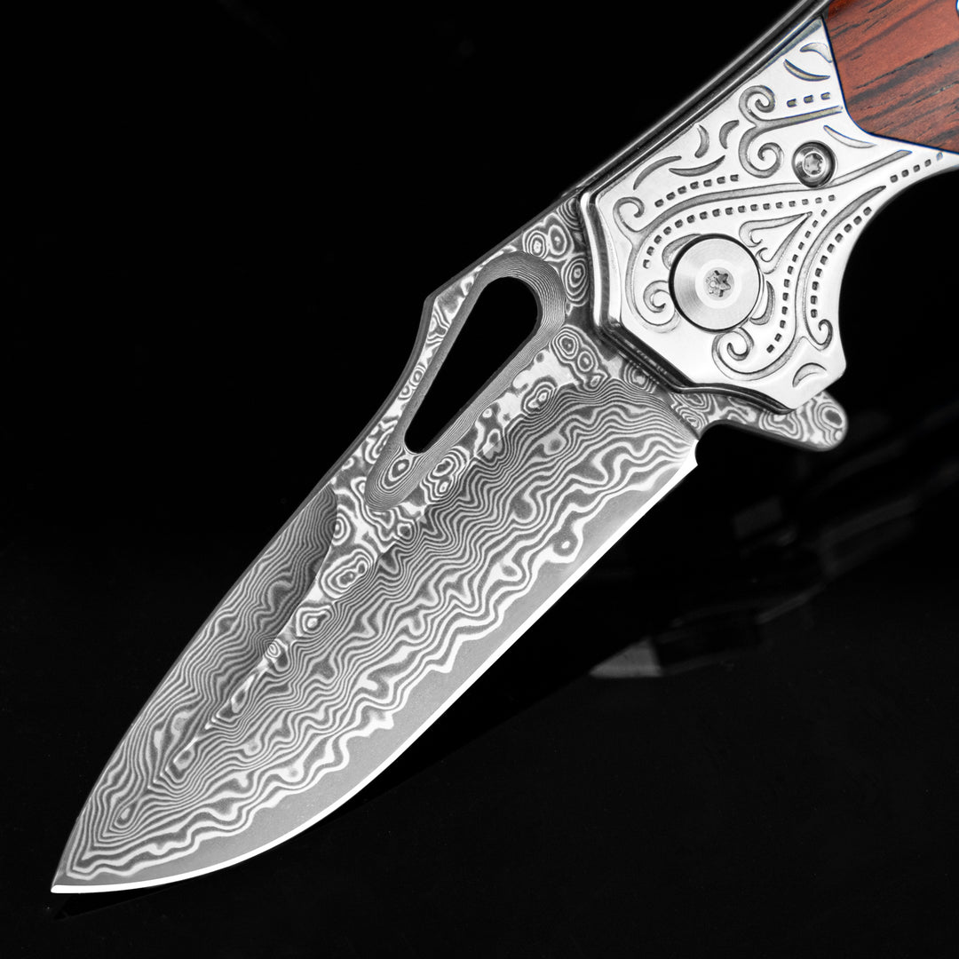 tiger-shark  Damascus Pocket Knife with Engraved Pattern and Sandalwood Handle