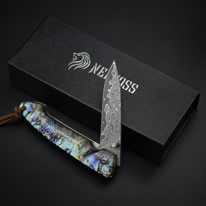 NedFoss Polar-Bear Damascus Pocket Knife with 2.5" Blade and Abalone Shell Handle