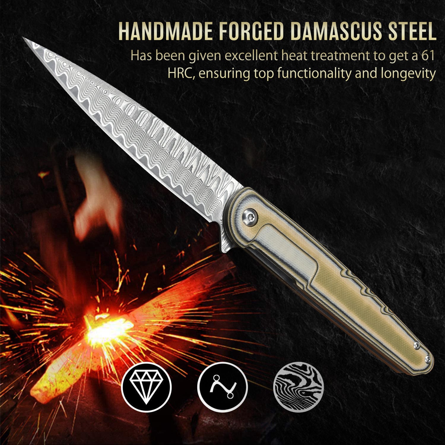 Dragonfly Damascus Pocket Knife, Damascus Steel Blade Flipper with